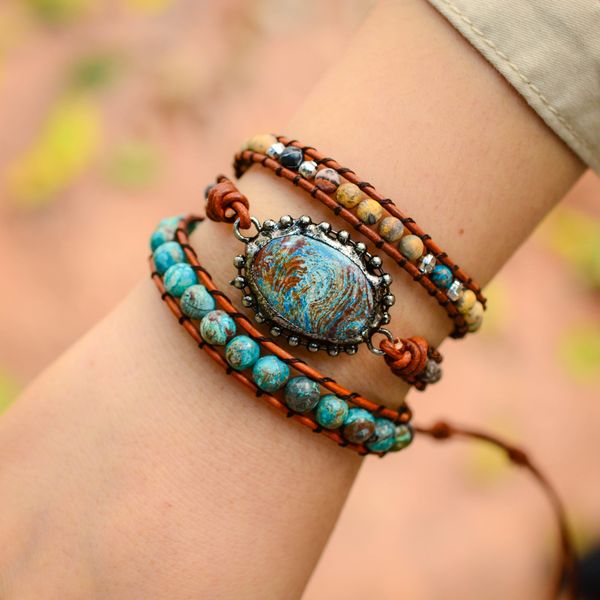 

boho handmade ocean jasper 3x wrap bracelet vintage jasper leather wrap bracelet drop shipping, Golden;silver