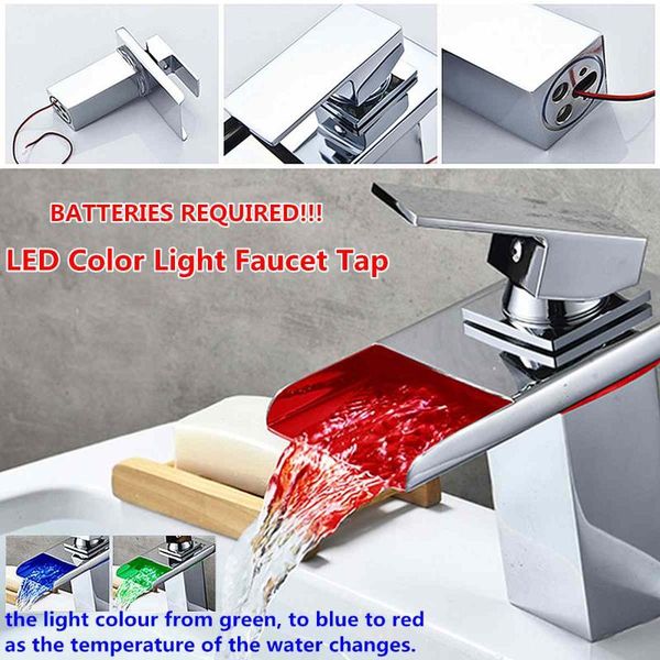 

bathroom sink faucets led basin faucet brass waterfall temperature colors change cold mixer tap deck mounted wash taps copper