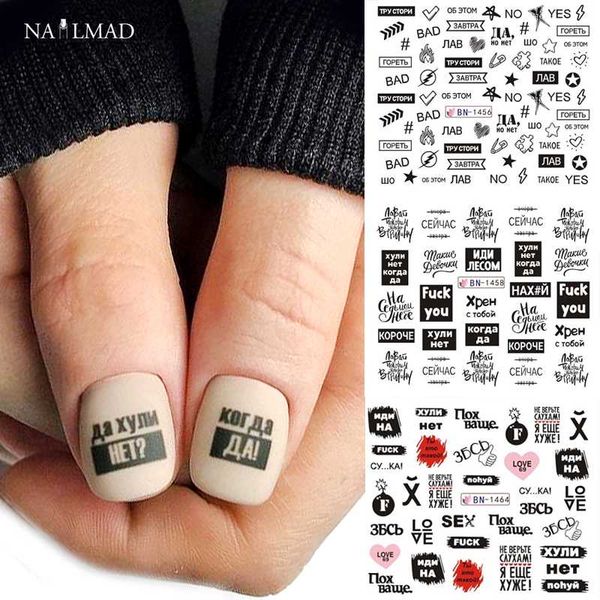 

12patterns russian letter nail water decals with inscriptions girl black white tattoo slider
