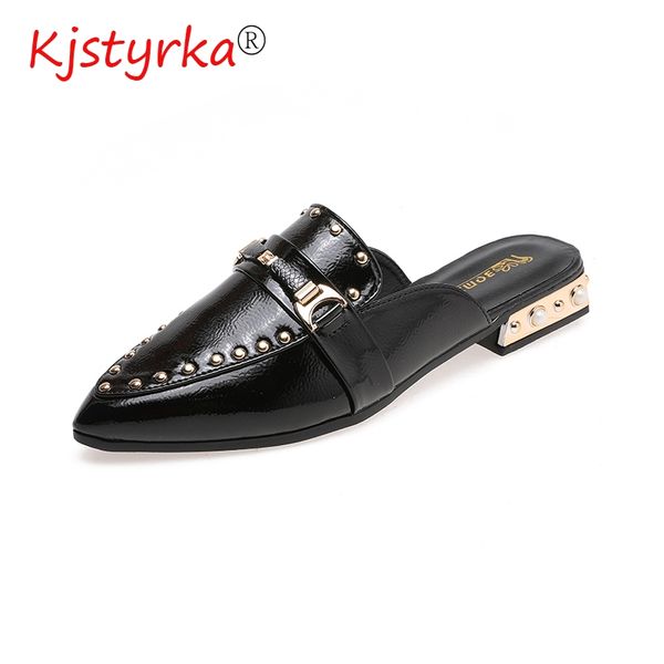 

мода заклепки mule обувь женщины плоский поскользнуться на половину тапочки женские кожаные слайды женский металл летняя работа платье обувь, Black