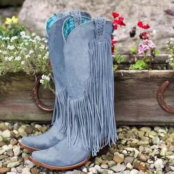 

2020 new retro women boots winter square heel fringe mid calf boots fashion pu warm long bota feminina zapatos de mujer, Black