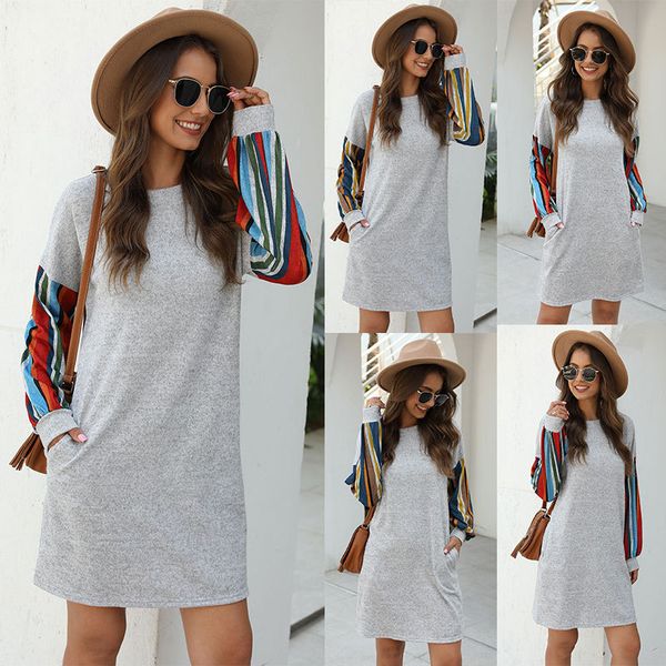 

2020 cross-border european and american womens popular multi-color stripe panel round neck loose dress, White;black