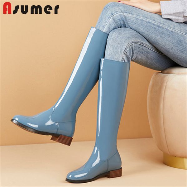 

asumer 2020 plus size 45 knee high boots women patent leather square heel autumn winter shoes woman fashion riding boots, Black