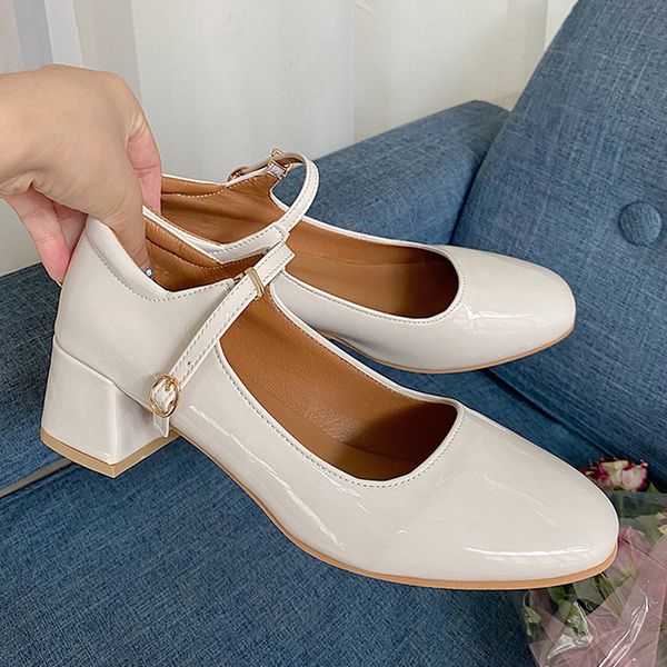 

elegant japanned leather buckle band mary janes women loafers shoes women ballerina solid square toe chunky heels ballet flats, Black
