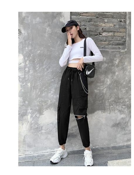 

autumn winter overalls women's high-waist black pants loose holes straight sports beam feet all-match casual pants fashion sport, Black;white