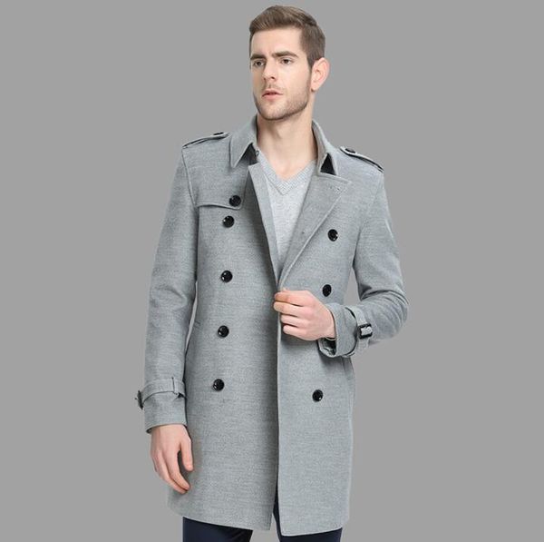

medium length woolen coat men trench coats winter thicken long sleeves double-breasted overcoat mens cashmere coat grey black