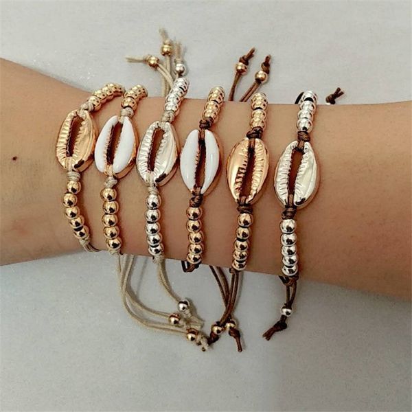 

new fashion bohemian style silver gold color shell bracelet for women leather rope beads chain bracelet mix colors, Golden;silver