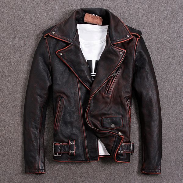 

vintage motorcycle jacket men genuine leather jackets 100% cowhide leather coat winter biker jacket moto clothing m456, Black;white