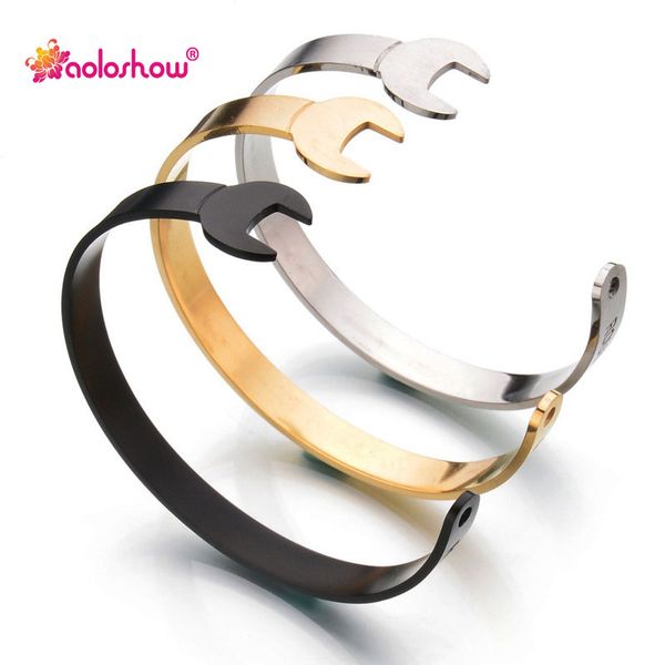 

aoloshow steampunk gold black spanner bangle men titanium steel biker wrench bracelets & bangles femme cuff pulseira masculina