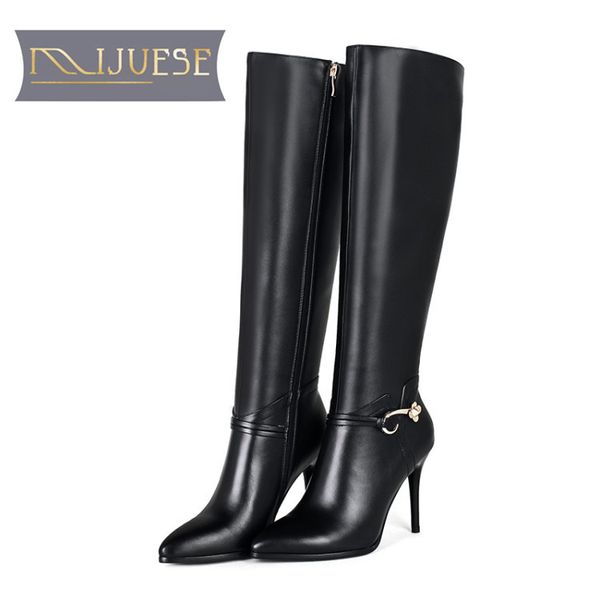 

mljuese 2020 women knee high boots cow leather winter warm boots pointed toe short plush black color high size 43