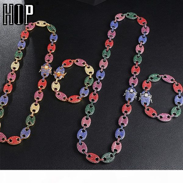 

hip hop 1kit bling multicolor coffee bean iced out cz pig nose rhinestone charm link chain necklaces & bracelet for men jewelry, Silver