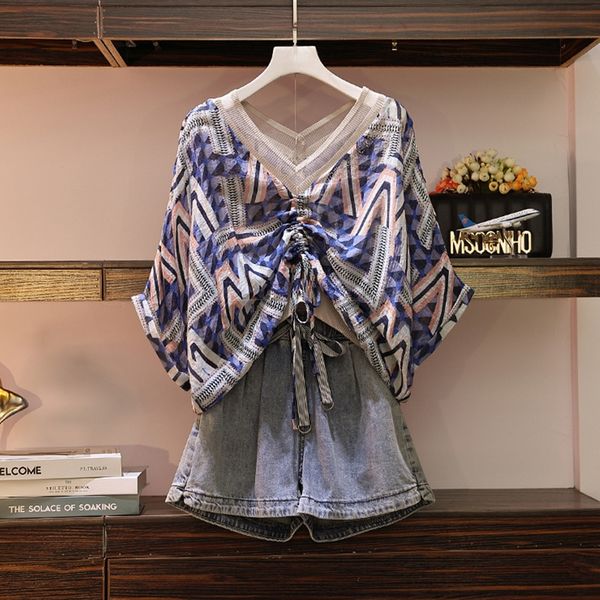 

large size women's and shorts clothing 2020 summer new fat sister mm fashionable v-neck slimming denim shorts two-piece suit ga4s4 g, Gray