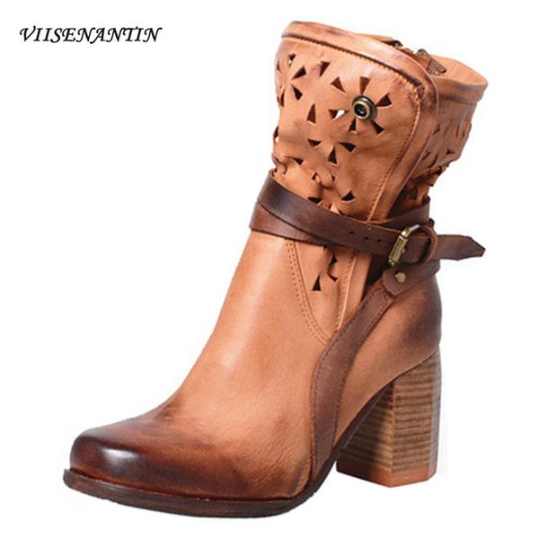 

genuine british style autumn and winter single boots leather zipper old retro square toe thick heel boots western, Black