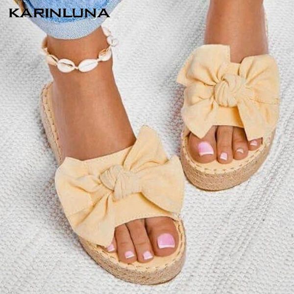 

karin 2020 dropship women slides med heels peep toe platform butterfly-knot summer outside women slippers, Black