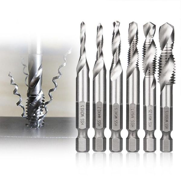 

6pcs m3-m10 1/4in composite tap thread spiral screw hex hss screw drill bit(silver)