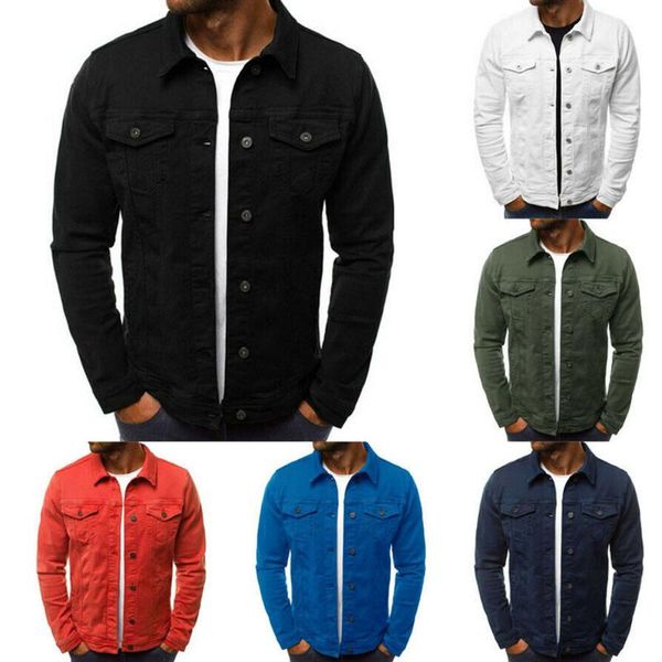 

classic slim fit men jeans jackets fashion casual denim coat streetwear turn-down collar single breasted pockets outwear, Black;brown