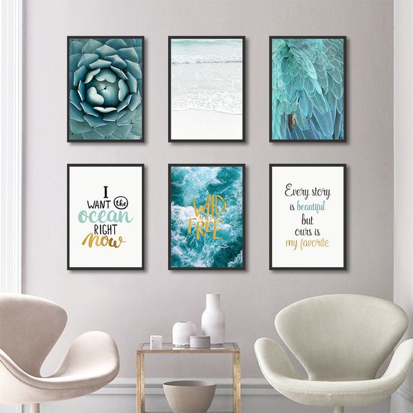 

cactus flower blue sea feather canvas painting wall art home decor diy green plant fresh modern print picture living room decor