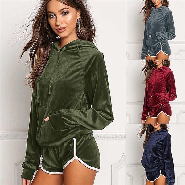 

hooded shorts womens clothes womens new tracksuits fashion solid color two piece suits casual long sleeve, Gray