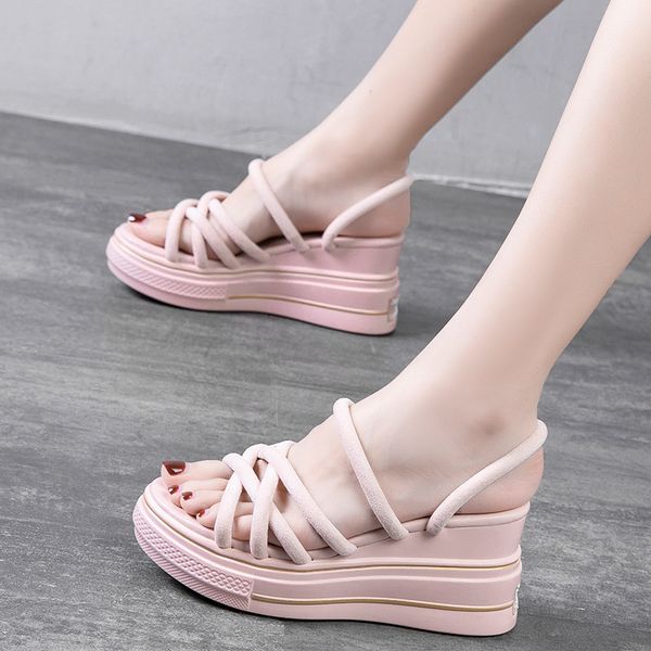

2020 sandals female slippers female summer korean version increased 8cm wild thick bottom breathable roman shoes, Black