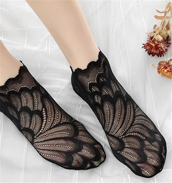 

breathable socks floral print ladies short socks fashion female lace pure color clothing womens skinny ankle length, Black;white