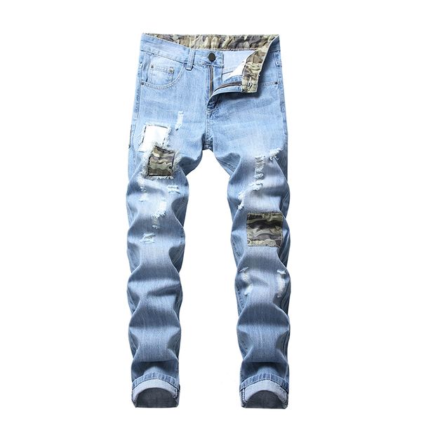 

men's jeans denim trousers ruined plus size 28-42 fashion retro ripped skinny slim zipper dropship, Blue