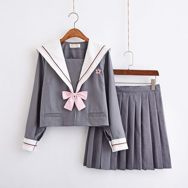 

women grey embroidery jk high school uniforms set girls japanese preppy style sailor suit short high waist pleated skirt, White