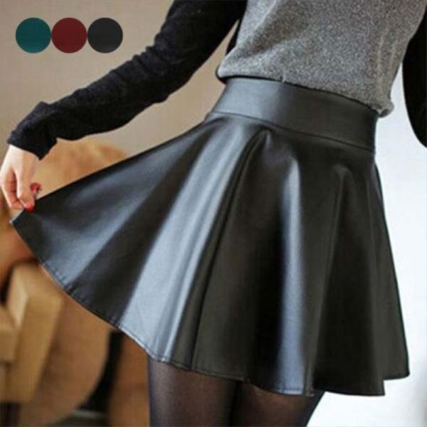 

2020 new women high waist faux pu leather skater mini skirt color short pleated stretch mini skirt hd88, Black