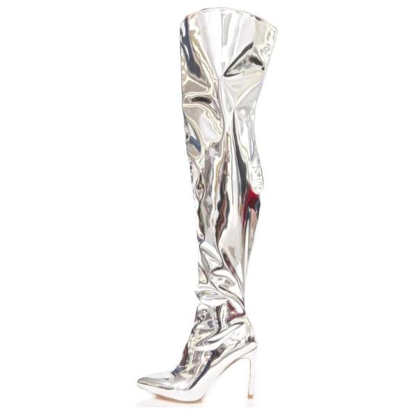 

silla rulers super fashion gold and sliver mirror surface bright skin thin heel pointed toe over the knee boots women, Black