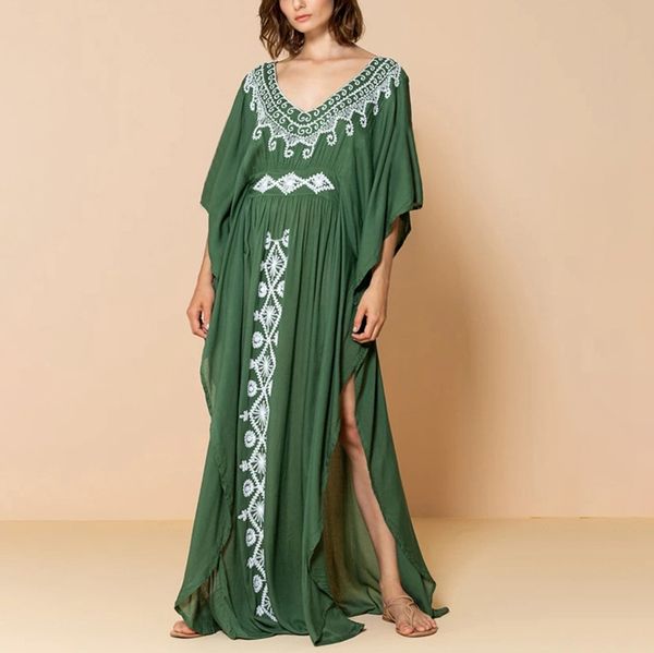 

women v neck maxi dress split wrap summer beach long robe print tunics, Black;gray
