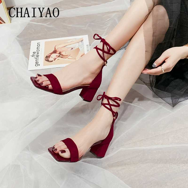 

two kinds wear high heel women's sandals fashion square head open toe ankle strap ladies shoes buckle strap women's sandals, Black