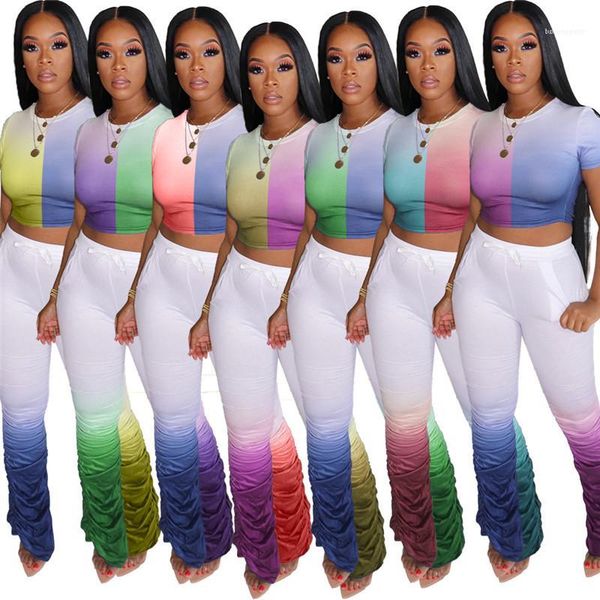

long stacked trousers clothing sets women high waist two piece pants womens designer gradient color tracksuits 2pcs, White