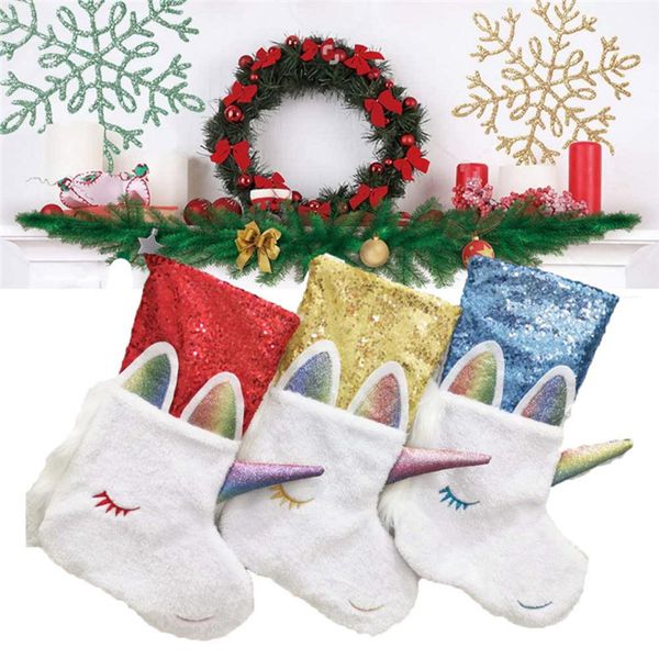 

43cm long christmas stocking cartoon unicorn gift bag storages xmas furry sock sequins sequins patchwork xmas tree hanging home decorse9301, Pink;yellow