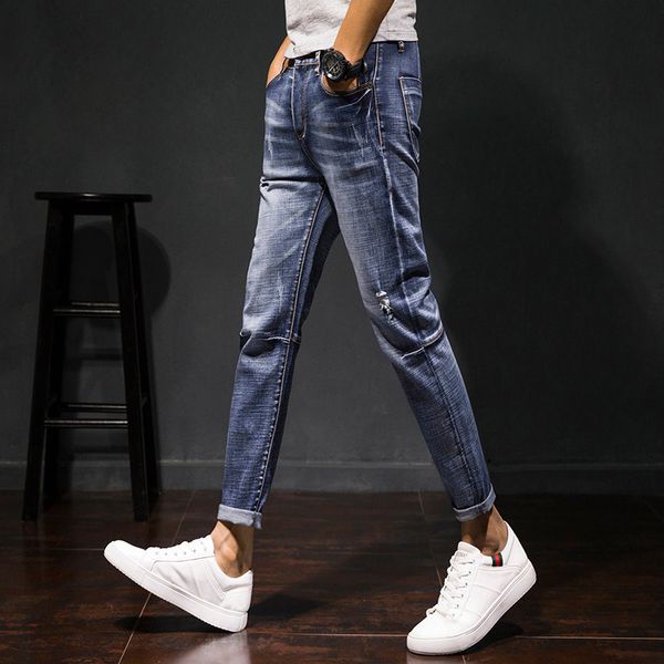 

spring 2020 feet pants jeans fashion cultivate one's morality men's youth fashion hole in nine minutes of pants, Blue