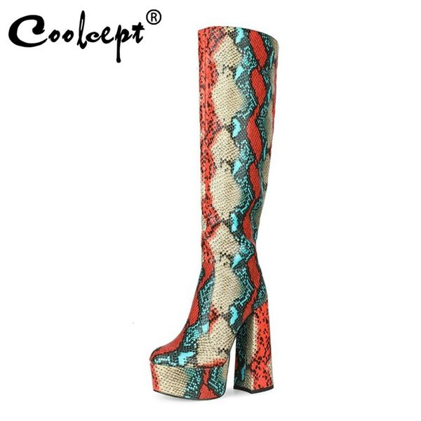 

coolcept women knee high boots platform zipper shoes thick high heel colored new design fashion women footwear size 34-43, Black