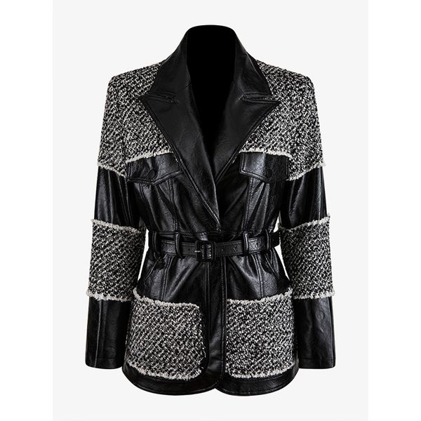 

runway 2020 baroque designer jacket women's leather patchwork tweed jacket, Black