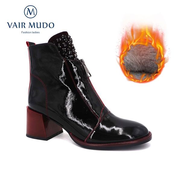 

vair mudo winter women ankle boots warmthick heel patent leather black fashion elegant shoes ladies boots dx125