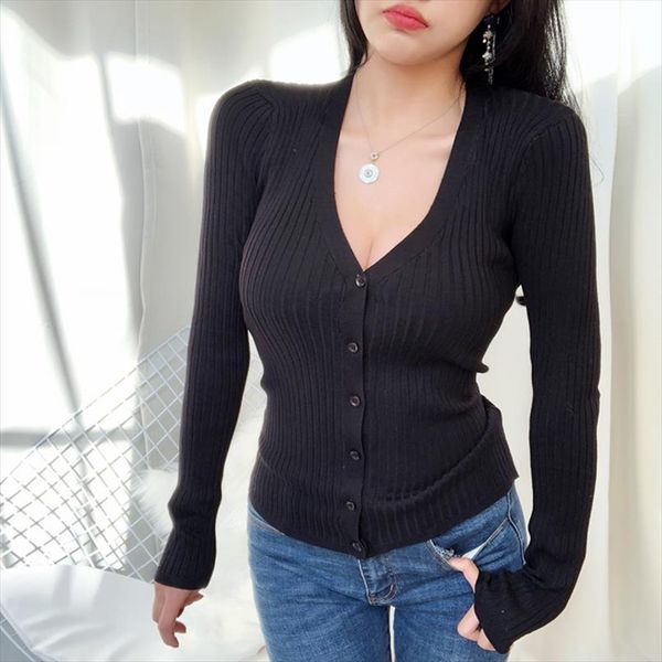 

autumn winter chest deep v slim sweater woman 2019 button long sleeve knitted cardigans grey black shirt women clothes, White;black