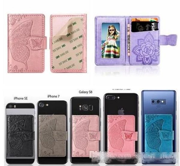 

universal back phone card slot 3m sticker leather stick on wallet cash id credit card holder for iphone xs xr note 10 flower butterfly case
