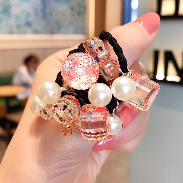 

new children girls cute colorsful pearl crystal flower cartoon elastic hair bands baby sweet rubber bands kids hair accessories, Slivery;white