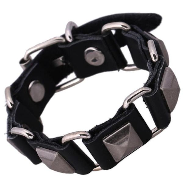 

fashion casual black genuine leather punk rock adjustable charm wristbands chain bangle wrap for women men jewelry