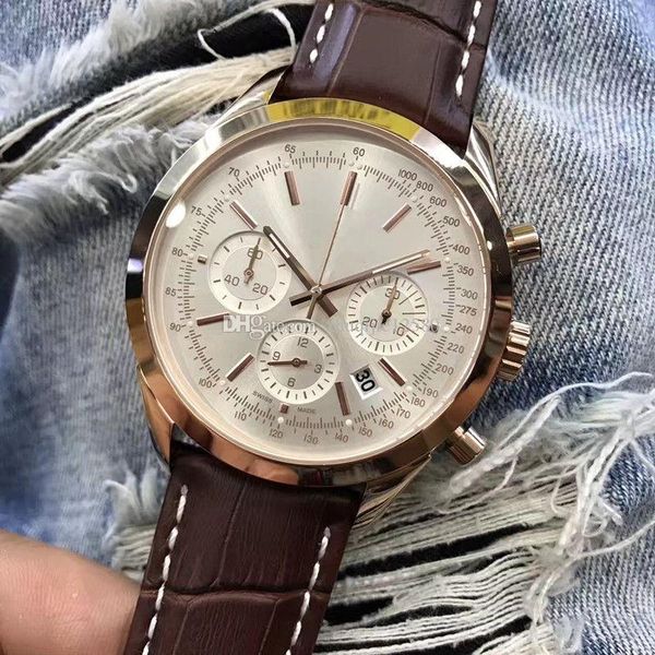 

2018 new style luxury mens watch 46mm dial brown leather strap male watches transocean chronograph quartz watches, Slivery;brown