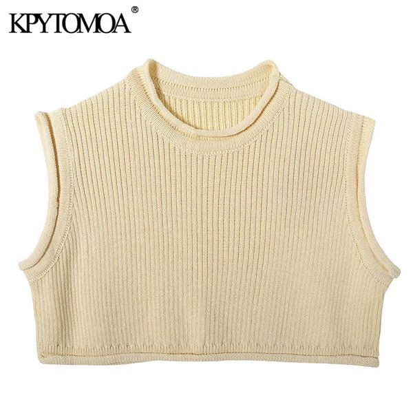 

kpytomoa women 2020 fashion solid cropped knitted sweater vintage o neck sleeveless female pullovers chic, White;black