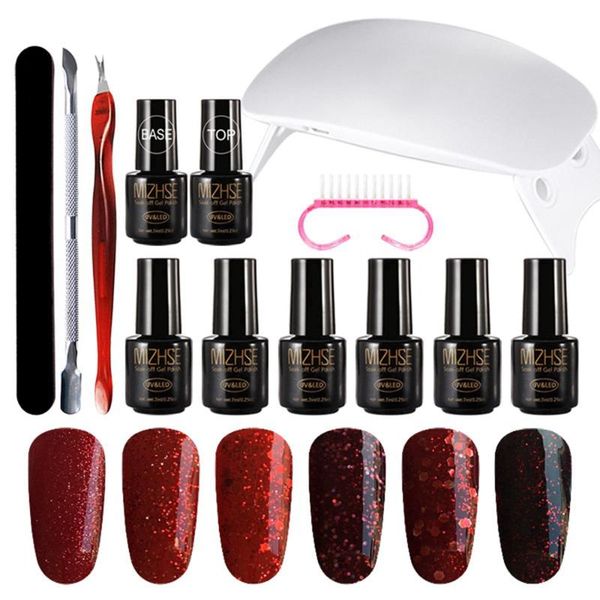 

mizhse gel nails set with 6w uv lamp for manicure nail art tools cure manicure kit glitter nail gel polish 7ml primer base coat