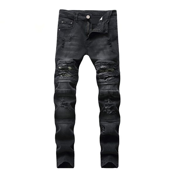 

men jeans slim skinny multi-layer ripped denim distressed black casual pants cotton plus size ruin pants hip hop, Blue