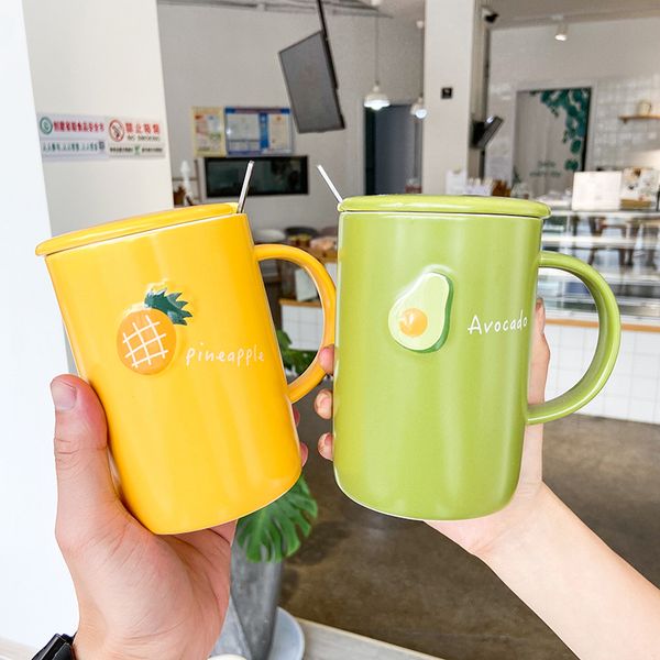 

500ml japanese simple coffee mug creative macaron color fruit ceramic cup coffee cup with lid spoon business mugs