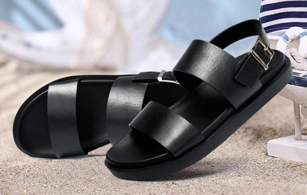 

chunky heels man flats shoes gladiator 2020 fashion retro design casual beach slippers shoes buckles leather sandals sapatos, Black