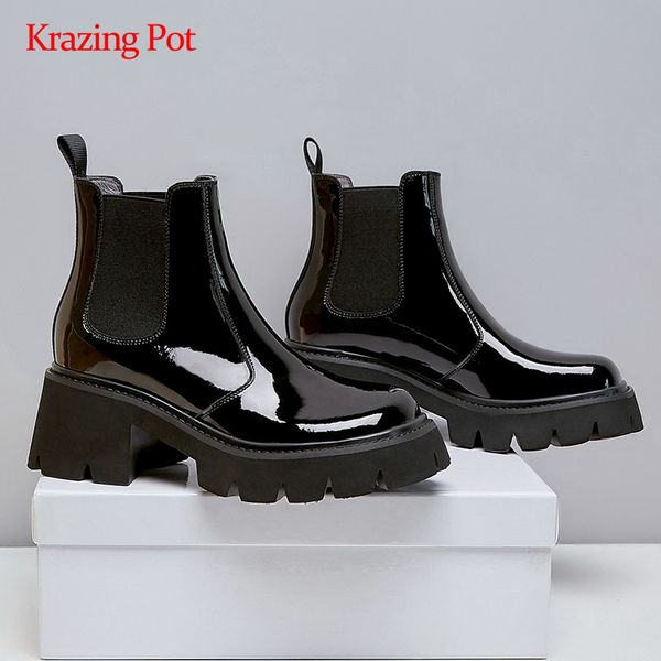 

krazing pot 2020 winter new boots real leather stretch modern round toe thick high heel slip on coolest preppy ankle boots l67, Black