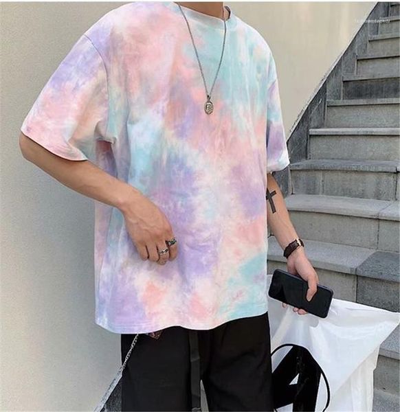 

tie dye short sleeve crew neck loose casual mens clothing summer male designer cotton tshirt fashion, White;black
