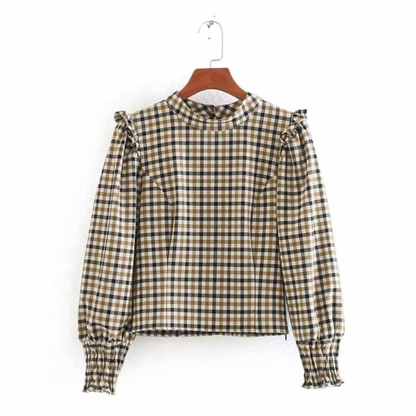 

2020 spring women's new stand collar long sleeve stretch cuff shoulder laminated decorative short ruffled plaid shirt, White