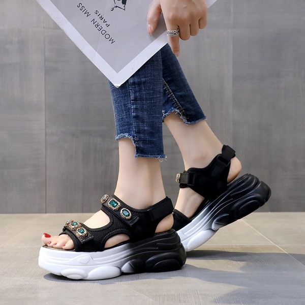

2020 summer new fashion dad sandals female wild hit color thick bottom muffin sports rhinestone sandals z884, Black